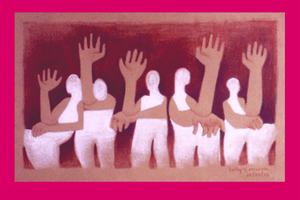 Five figures in white with brown hands upraised like trees.