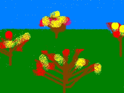 Four trees on a field of green against a blue sky; leaves are sponged red and yellow.