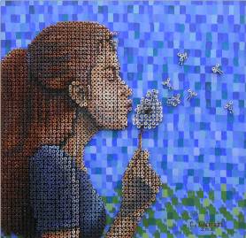 On blue-tiled background, side profile of girl with long hair blowing a dandelion