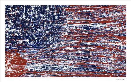Flag-shaped red and blue painting with white horizontal paint drips