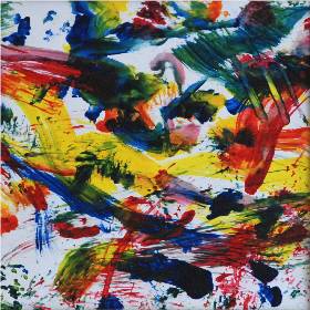 bright red, blue, yellow, white abstract splashes