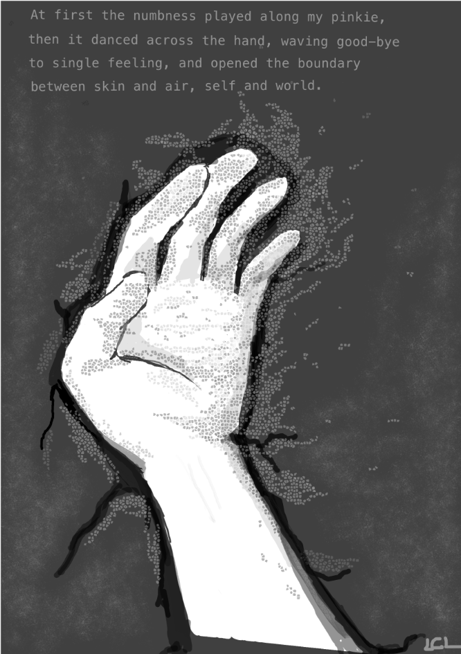 a white hand with text above it stretches upward against a gray background