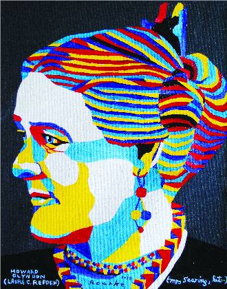 Portrait of Laura Redden as Howard Glydon done in the bright primary color style of Nancy Rourke.