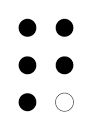 six-dot braille cell, with dots one, two, three, four, five filled in, representing the braille letter Q