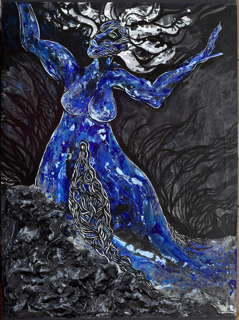 A photograph of a painting on a 3'x2' wooden board. The background is black with translucent paint that glows pale green in the dark, showing an outline of a woman's image and splashing water. In daylight, the image is the curvy, loosely-lined form of a woman rising above black and silver plaster and tulle forms on the bottom of the canvas; the forms at the bottom of the canvas resemble craggy seaside rocks at night. Her arms are spread out above her and her white/silver hair frames her face. The woman has full, bare breasts and rounded hips that extend like a floor-length dress that just keeps going. Split down the middle is an abstract vulva, exaggerated in size and filled with curvy black and white line designs. These designs trickle off and down into the rocks and off the frame. 