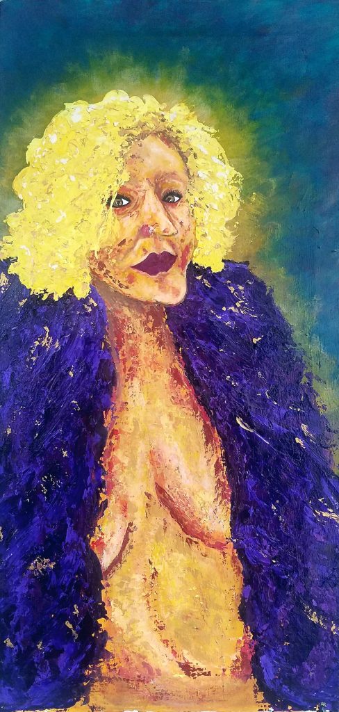 Photo of a painted self portrait of the artist. The portrait is painted predominantly with knives, offering much texture and many layers of paint. Picturing from her head to her hip, the artist invited herself to take up most of the canvas. The portrait is of a woman with bright curly yellow hair and deep rose lips. Her head is turned slightly to the left and there is a glow that emanates from behind her into the deep blue background. Her nose is long and angular and her eyes a shimmery hazel green. Her torso is nude with a large textured fabric about her shoulders covering most of her breasts. The curve of underboob and belly framed in the deep purples and with flecks of gold of her boa. Her face is serene with an intense gaze.