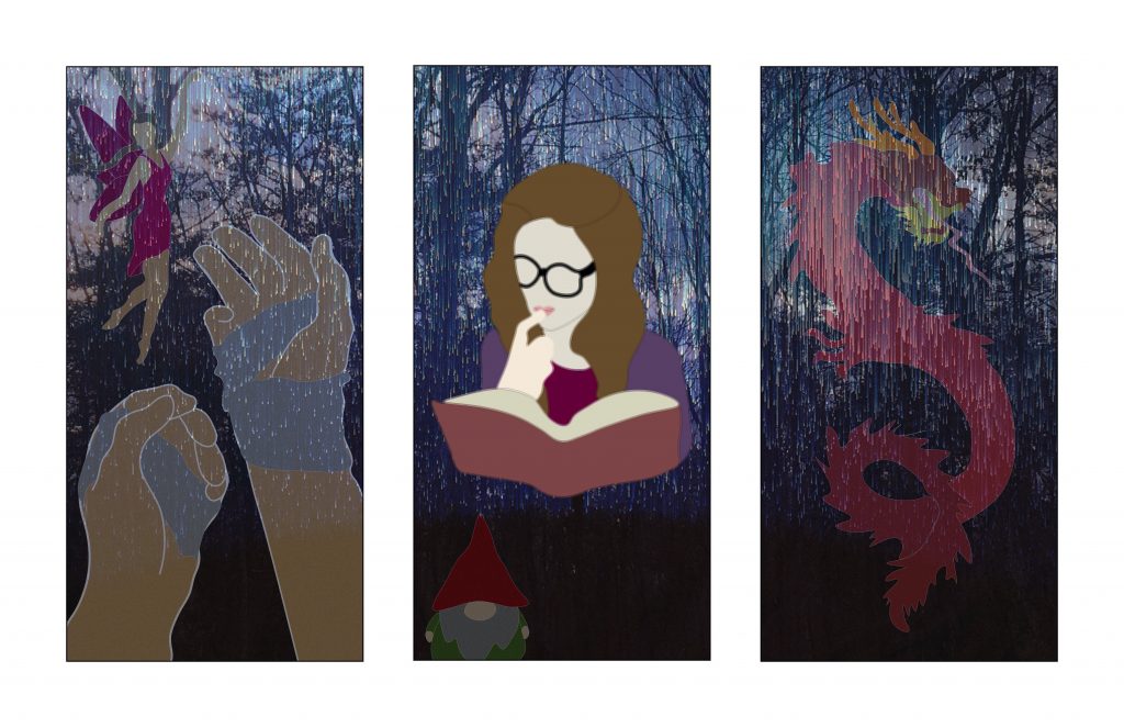 This art piece depicts a young girl reading with her hand to her face, immersed in the story. There is a sheet of rain behind her, in front of all of the other characters. This is to symbolize that while the characters seem real, they are in a different realm. The rain creates this affect. The other characters consist of a fairy, a gnome, a dragon, and two bandaged hands. 