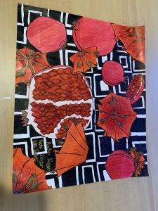 Floral Fruits: I drew hibiscus flowers and pomegranates with a black and white contrasting geometric background. I love to draw play with color and backgrounds in my art. Exploring my style feels like I’m on an adventure. 