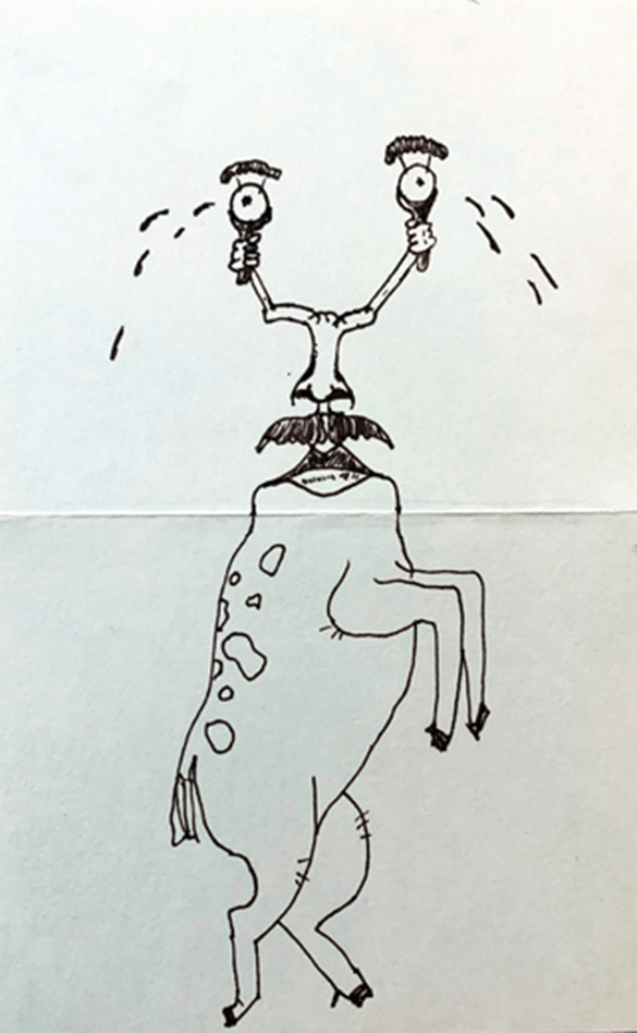 Untitled exquisite corpse drawing by Pete and Emily Greenquist. In the top half, a mouth, mustache, and nose are connected to small hands, which hold crying, mechanical eyes; the bottom half is a hooved animal on its hind legs.