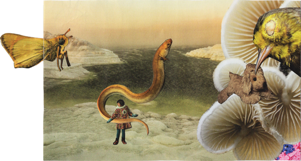 Ice Snake collage by Emily Greenquist. In an icescape, a tiny girl plays with a monster-sized, flying eel, while a large moth watches and a stuffed bird pecks at a small stuffed toy animal.