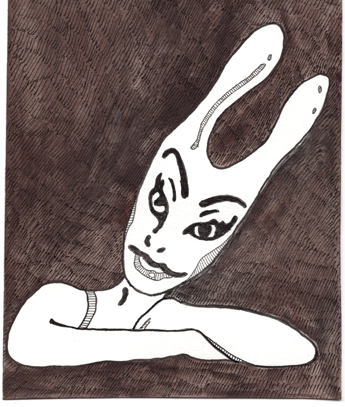 Woman in Rabbit Mask drawing with watercolor by Emily Greenquist. A woman wears a white rabbit mask, cocking her head above folded arms.