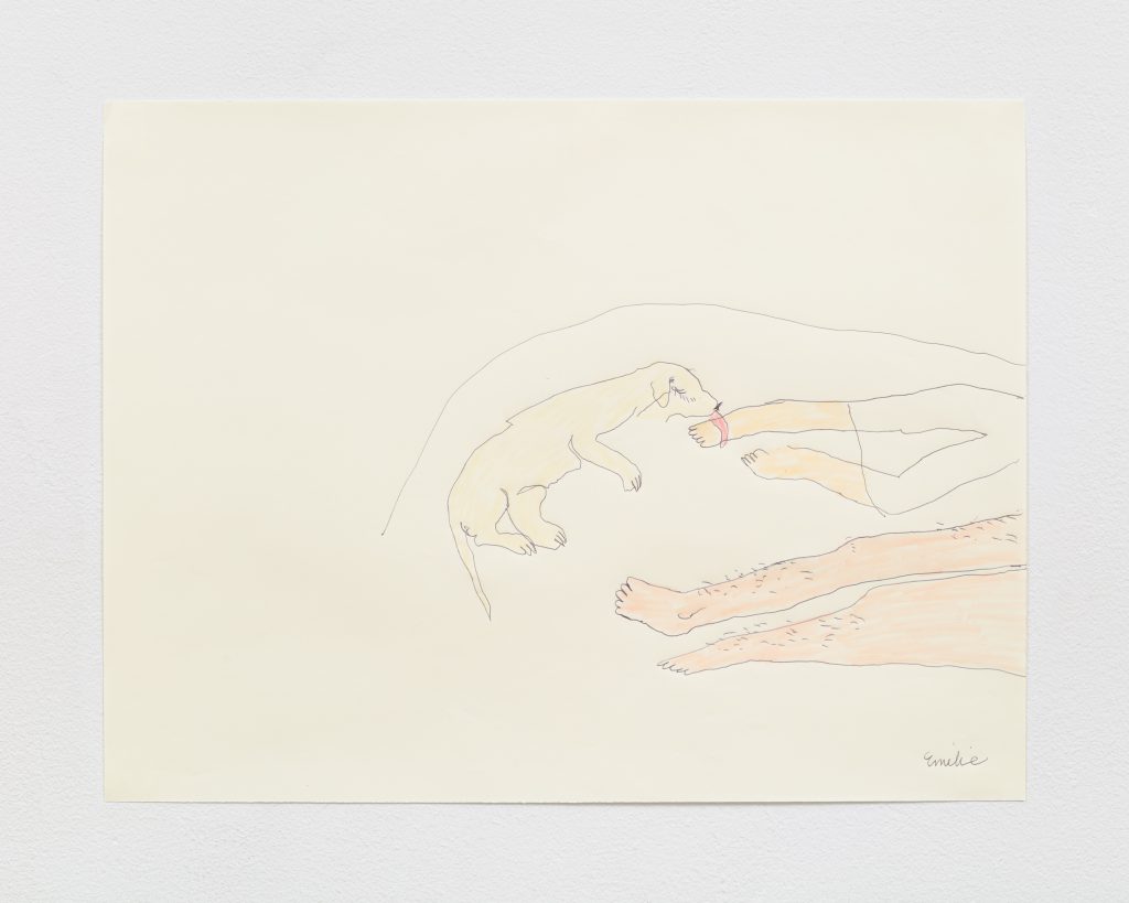 “On a Good Day You Can Feel My Love for You”. Two pairs of legs, a man’s and a woman’s, come out from the right side of the drawing, as though they are laying on a bed. London, a golden Labrador Retriever is lying behind the woman’s legs, licking the woman’s foot.