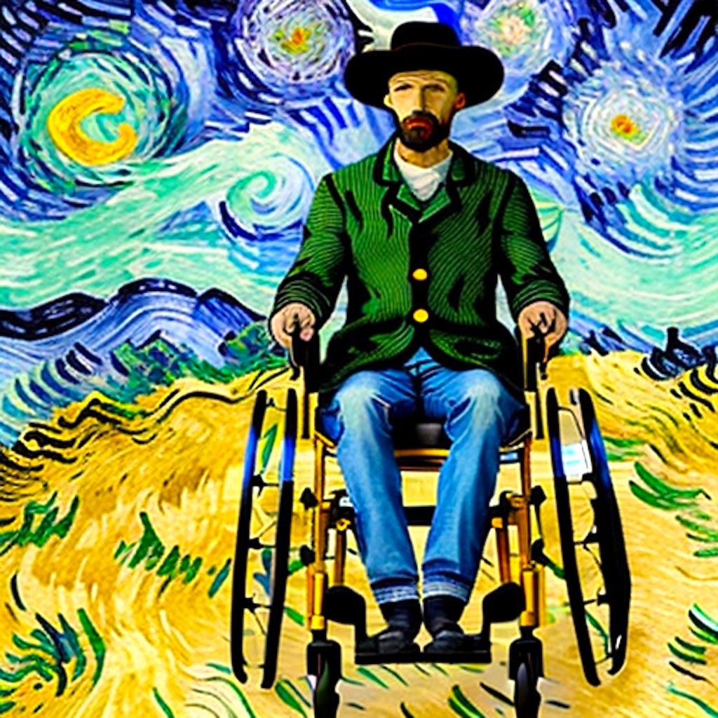 "Artist in Wheelchair" is a multi-blended digital image in Vincent Van Gogh's signature style: a bold yellow, blue, green, and black landscape with dramatic brushwork. This image depicts Van Gogh as he appears in his self-portraits, with the addition of a supportive wheelchair.