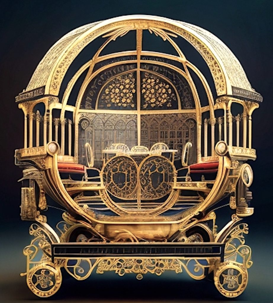 "Elegant Wheelchair for Two" is a multi-blended digital image of a gilded, partially domed structure on wheels with two cushioned seats and a table between them. The gold designs that shape this mobile meeting place are similar to those used in Renaissance court interiors.