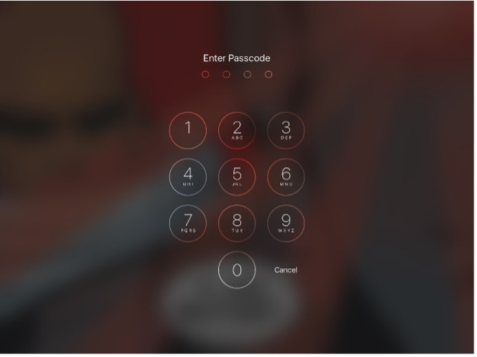 Image description/alt-text: ID: Lock screen for an iPad. A blurry, nondescript picture from an X-Men comic is in the background. In the center are the words “Enter passcode,” four semi-transparent circles, then a telephone-style number pad from 1 to 0 with the word “Cancel” in small letters adjacent to the number 0.