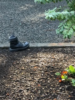 Someone abandoned a single black hiking boot. It sits on the left side of a low, gray concrete curb that bisects the photo from left to right. Above the curb is asphalt pavement. Below it is sparse bark dust with a few isolated plants. The background’s lack of affect, the boot’s position that leaves the curb bare to the right of it, and the darkness of the image highlight the loneliness of the boot.