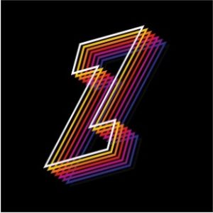 Image description/alt text: an artistic logo featuring the letter Z in layers of white, yellow, gold, red, violet, purple, and navy blue on a black background. I