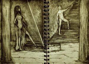 Sepia-toned illustration drawn on a two-page spread of a spiral notebook depicting “a stairway to Heaven,” allegedly built by Trapokles, seeking his love, Helen. The setting is an ancient, dark hallway in an underground chamber. On the right is a stairway ascending to an unknown destination. Midway up the stairs stands a naked man, Trapokles, his left arm pointed upwards. On the chamber floor below him stands a naked woman, Heleb, with long shoulder-length hair and is wearing a shroud draped over her arms. She is standing above a stone cistern, where a long, white pole, skewed at an angle to the left, emanates from within the stone cistern up to the edge of the illustration.. Helen’s left leg is poised as if to step inside the cistern. She is looking up towards where Trapokles is standing on the stairway, a mild, surprised expression on her face, perhaps feeling a bit indecisive or surprised.