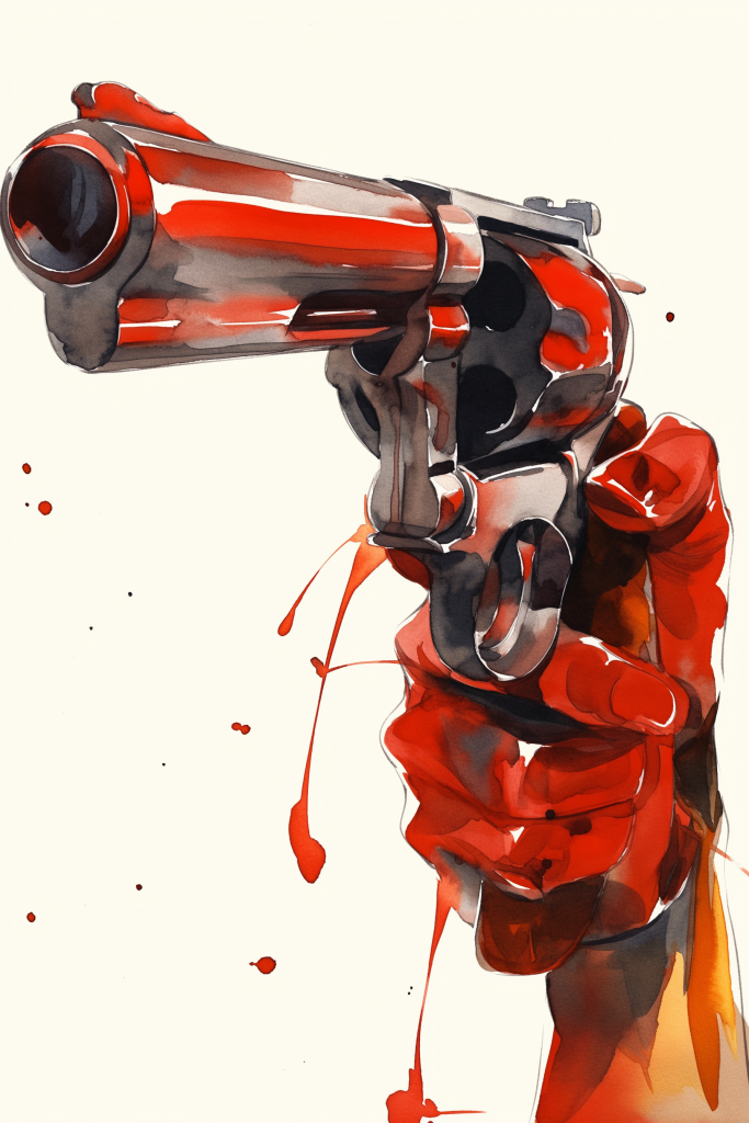 Stylized illustration of a revolver being held, pointing directly at the viewer. The gun and hand are rendered in bold strokes of red and black, creating a stark, high-contrast image. Drips and splatters of red paint suggest blood, adding a visceral element to the artwork. The composition is dramatic, with the gun barrel dominating the foreground. The art style blends realism with expressive, almost abstract elements, emphasizing the emotional impact over strict realism. The limited color palette of red, black, and white intensifies the sense of threat and urgency. This image powerfully relates to the theme of how autists experience time, as expressed in "Every Clock is a Handgun Pointed at My Head." It visually represents the intense, often overwhelming pressure of time and societal expectations that many autistic individuals feel. The gun serves as a metaphor for the constant, looming threat of time, deadlines, and the demand to conform to neurotypical time perception.