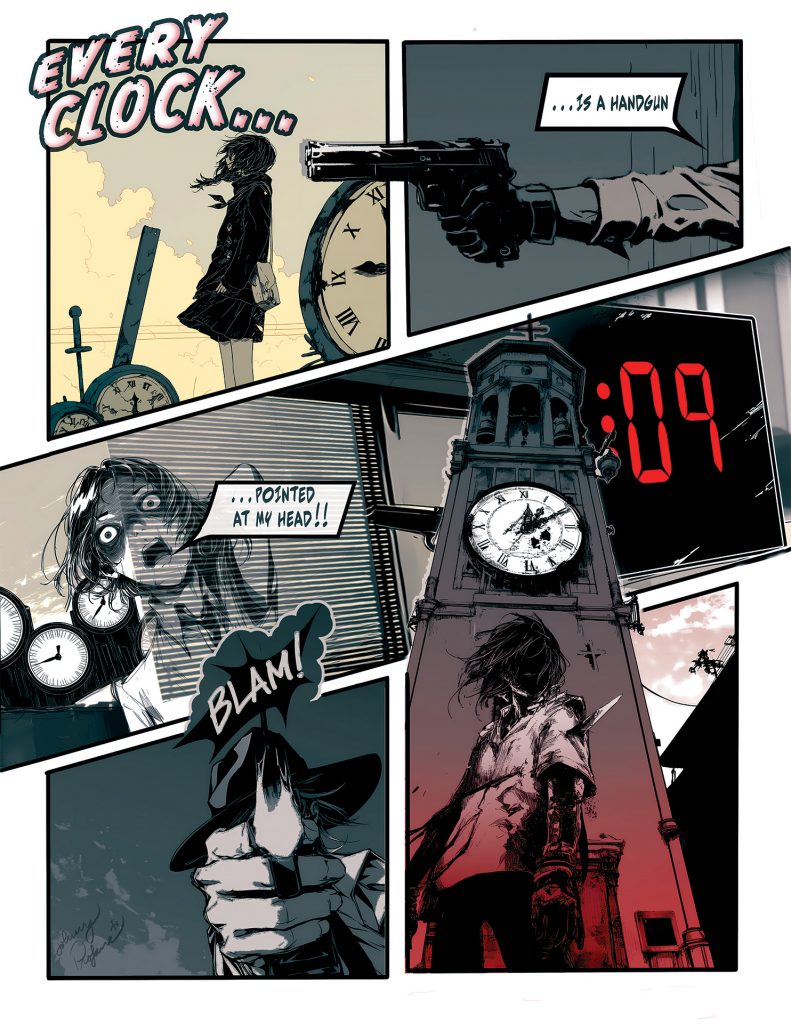 "Every Clock" Manga: Comic-style illustration depicting the autistic experience of time. Six panels in stark black, white, and gray with splashes of yellow and red. Title "EVERY CLOCK" at top left. Panel 1: Silhouette of a person facing multiple clocks. Panel 2: Close-up of a hand pointing a gun at a clock face. Panel 3: Digital clock showing "09" in red. Panel 4: Person with wide, stressed eyes surrounded by clock faces. Panel 5: Sound effect "BLAM!" with person's face recoiling. Panel 6: Large clock tower looming over a small figure. The composition creates a sense of urgency, stress, and being overwhelmed by time. Stark contrasts and dynamic angles heighten the emotional impact, reflecting the often intense and fragmented perception of time experienced by many autistic individuals. The gun imagery suggests the violent pressure of time constraints in a neurotypical world.