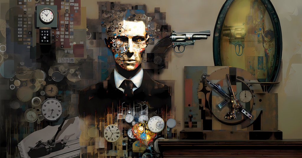 Titled "Every Clock Is a Handgun Pointed at My Head," this surreal portrait features a distorted face made of gears, clock parts, & objects against an abstracted background of clocks, gears, & shapes. The face has an intense, staring eye, with gears, clock hands, gun parts, & tank treads swirling around the head, adding a sense of violence and threat. Floating clocks display various times, surrounded by scattered mechanical pieces. The muted sepia color scheme includes pops of red & blue. The Cyber-Dada style combines Dadaist absurdism & social commentary with a dystopian, futuristic aesthetic using gears, clocks, & weaponry. The piece expresses the autistic experience of time... as society measures it... fragmented, overwhelming, threatening compared to neurotypical perception. The consuming clocks, gears, and gun parts represent time's psychological strain and disorientation for the autistic mind, creating a thought-provoking surrealist portrait capturing a unique interiority.