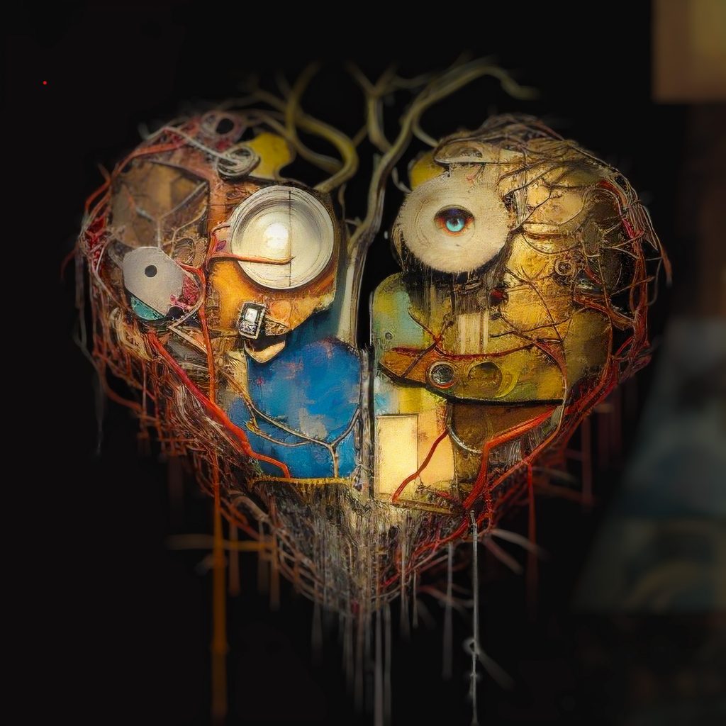 A mechanical heart-shaped sculpture against dark background, constructed from clock parts, wires, and gears. The device blends warm golds and coppers with patches of electric blue. A single bright turquoise eye and several clock faces are embedded in its weathered surface. Dripping wires create a melting effect. Mixed-media steampunk style suggests time's emotional impact on autistic perception.