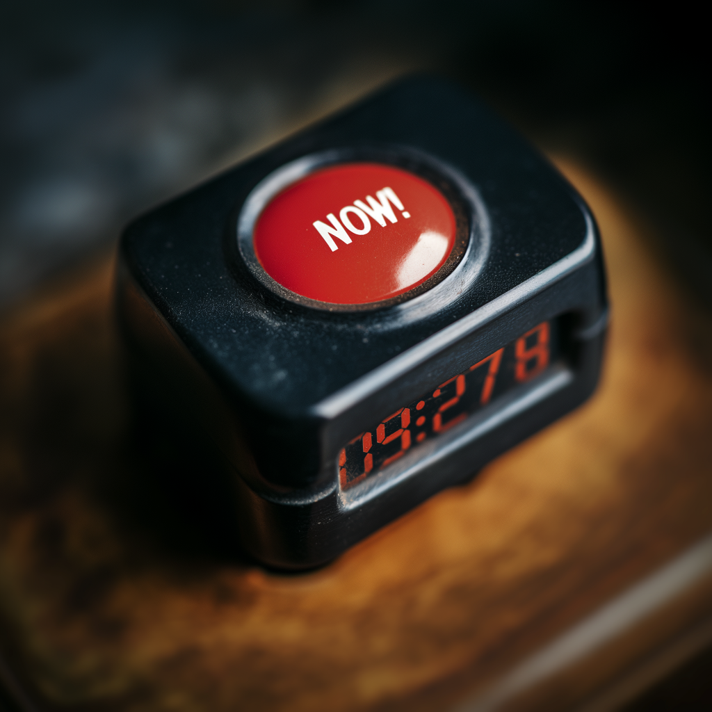 "The Dark Urgency of Now" A black plastic device with a red LED display reading "09:27.8" sits on a wooden surface. The device has a prominent red button labeled "NOW!" Sharp macro photography emphasizes textures and shadows. The stark contrast between the urgent red elements and dark casing captures time's demanding presence in autistic experience. Photo-realistic style creates uncomfortable immediacy.