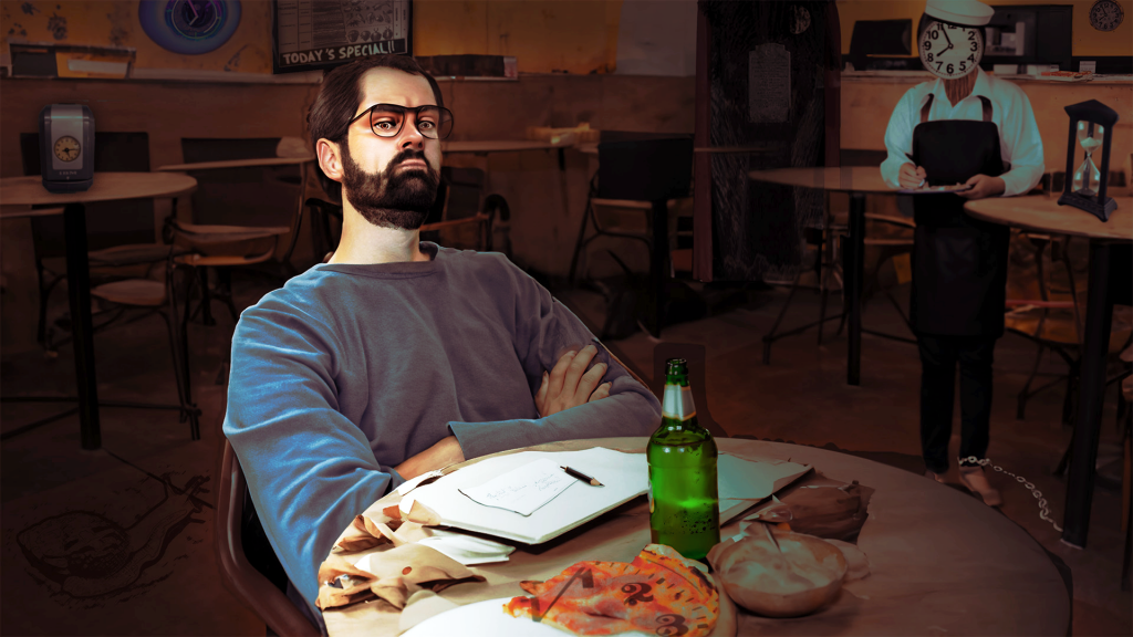 "Waitress of Time” A bearded grad student with glasses sits at a table in a dimly lit pizza joint, arms crossed, looking frustrated or defiant. On the table are papers, a pen, a green bottle, and a partially visible clock face. The background shows empty chairs and tables. Various time-related objects are scattered throughout: clocks on the walls, including one replacing a server's face in the background. A sign reading "TODAY'S SPECIAL" is visible. Hidden in the shadows are additional clocks, an hourglass, and what appears to be a chain, possibly symbolizing the feeling of being trapped by time. The overall atmosphere is tense and surreal, emphasizing themes of time pressure and writer's block in a cluttered, time-obsessed environment.