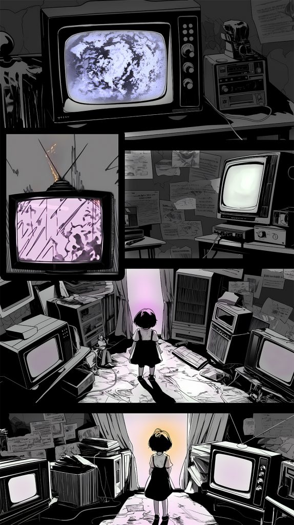 "TV's Crazy-Making Static." Five linked panels show a girl in a black pinafore dress among vintage TVs and scattered papers. In noir manga style with stark black/white contrast. Shows multiple views - closeups of static-filled screens, wide shots of a cluttered room. Pink/purple light filters through curtains. The overwhelming environment and looming TVs reflect autism's complex relationship with time and pressure. Art evokes psychological horror.