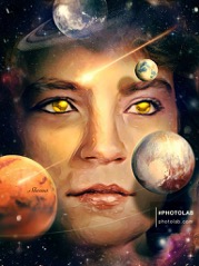 Image description/alt-text: Stylized selfie of the author at a younger age. My eyes are shiny and golden and my lips are red. I am slightly smiling, and I am looking to the right at something off camera, with a dreamlike expression on my face. Surrounding me are a dark field of stars and four multi-colored planets. A red-orange planet is directly to the left of my mouth and is labeled with the word “Sheena.” A beige- and rust-colored planet is directly over my cheek on the right side. A small, blue and beige planet is hovering above my eyebrow on the right and is casting a shadow. A ringed blue and white, earth like planet is at the top of my head. There are two comets, one traveling across my forehead, ending at my eyebrow on the left, the other overlays the red-orange planet on the left. In the lower right-hand corner is a purple-pinkish starry nebula, under a semi-transparent watermark with #PHOTOLAB and photolab.com.