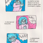 Top text: “Being femme presenting has its downsides:” First panel features me having an asthma attack and it being called anxiety. I’m struggling to breathe, coughing into my elbow and look scared, while someone out of frame shouts “ANXIETY.” Accompanying text: “Every physical symptom of my disability has been labeled at one time or another as anxiety. From bronchospastic coughing…” Second panel is the same for tachycardia and chest pain. I’m sweating, shaking, and my hand is on my heart, while someone yells from out of frame that it’s “ANXIETY.” Accompanying text: “...to chest pain and tachycardia…” Third is the same for abdominal pain. I’m doubled over, clutching my stomach while someone out of frame yells “ANXIETY.” Accompanying text: “to abdominal pain from high histamine levels and overactive mast cells.”