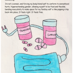 A bottle of tramadol, a bottle of gabapentin, scattered pills, and a heating pad. Text reads: “Hyperextending a joint can hurt, though it doesn’t always. The support of a brace is not constraining, but enabling. It’s harm reduction. But there’s no reason to constrain gender like a shoulder-blade or an ankle. If anything, rigid systems of compulsory cishet-ness are themselves dislocating. I’m not a woman, and forcing my body/mind/self to conform to womanhood hurts. Hyperextending gender, allowing myself to be fluid and flexible, bending masculinity to make space for my femboy self is like popping a hip back into place. It feels right. It feels free.”