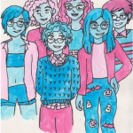 Me (scruffy short boy with messy curly hair and glasses, wearing a sweater over a plaid shirt) and five of my trans and nonbinary friends with collagen disorders, smiling like dorks. I’m in the front middle. To my left is a tall person with glasses and short, straight dark hair, wearing a binder and shorts under an open button down shirt. To my right is someone with long dark hair and glasses in a sweater and halloween leggings. Behind, from left, are a tall guy with shoulder length curly hair in a button down, a taller person with long curly hair, cat eye glasses and a two-tone ruffled dress, and someone with short hair in a ponytail, bangs, and glasses, wearing a cozy striped sweater. Text above image reading: “Almost all of my trans friends are hypermobile, and about half the hypermobile people I know are trans. While crip and queer people tend to find each other, this still surprises me, every time I make a new trans stretchy friend.” Text below image reading: “This “paper” is an exploration of why, of what it is about inhabiting a hypermobile body that resonates with expansive notions of gender, of what it means to make gender flexible.”