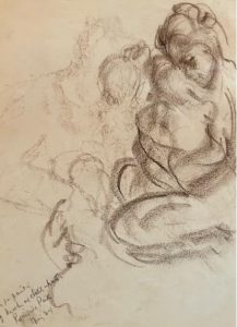 A Conté crayon sketch of a mother holding a child. Handwriting is shown in the lower right corner of the image.