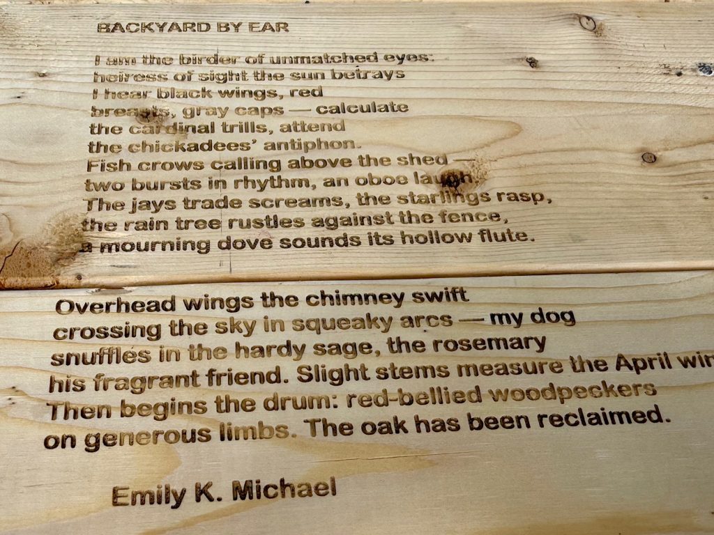 An unfiltered color photograph of the poem “Backyard by Ear” by Emily K. Michael as it appears on a wooden picnic table in the POETCHRY outdoor art exhibit. The poem is engraved in dark brown sans serif lettering on a light wood grain background. In the photograph, the letter “d” in the word “wind” in the line beginning with “his fragrant friend…” is not shown.