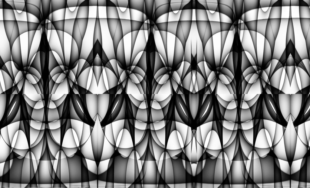 A grayscale drawing with a central figure composed of interposed shapes of several forms, human and animal, with large heads above each shoulder having heavy, serious faces. The central figure is wedged between two edges of a symbolic cliff.