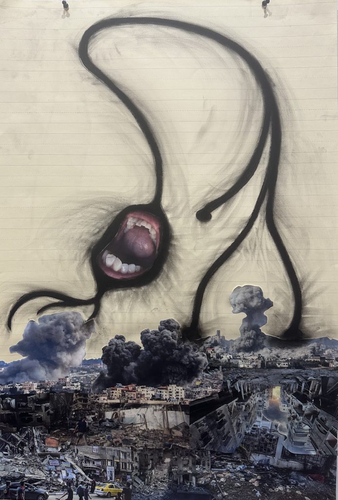 Untitled (Gaza 1), charcoal, collage on lined paper, 2024, 36″ x 24″ Drawn with charcoal on lightly lined manila paper is a representation of a bipolar neuron bent over. Where the cell soma would be is a screaming photo collaged mouth. The expression is emphasized with charcoal smears. Below the axon feet are clouds of smoke of bombed hospitals in Gaza collected from online photos.