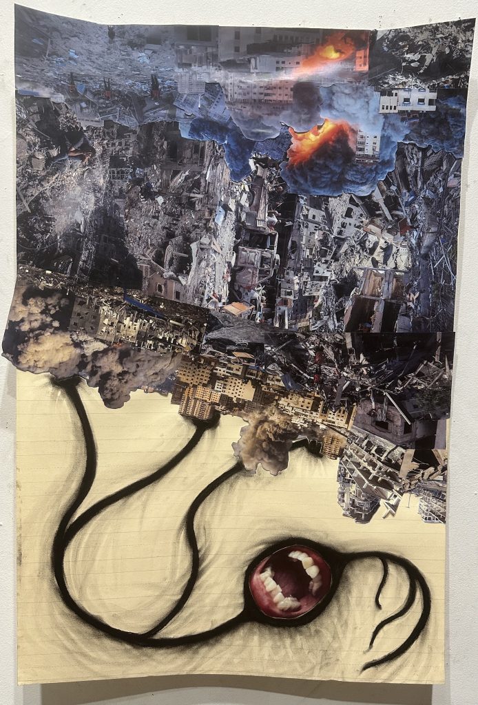 Untitled (Gaza 3), charcoal, collage on lined paper, 2024, 36″ x 24″ Collaged on lightly lined paper on the top are bombed hospitals in Gaza tilting to the right collected from online photos. Hanging upside down is a bipolar neuron with a screaming photo collage of a mouth. Charcoal smears emphasizes its expression.