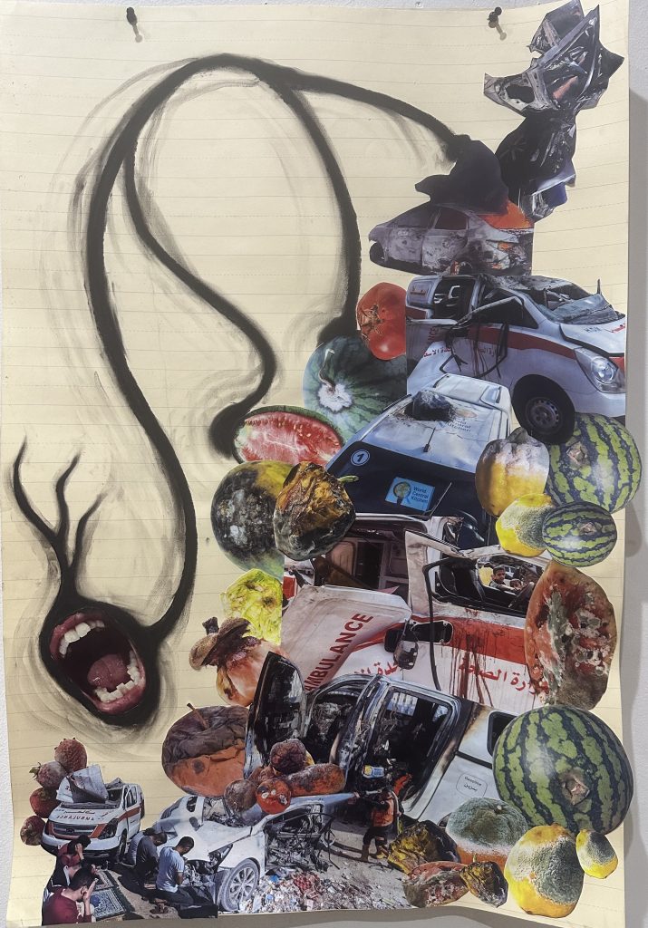 Untitled (World Central Kitchen), charcoal, collage on lined paper, 2024, 36″ x 24″ A screaming bipolar neuron drawn with charcoal is balanced on an avalanche of bombed vehicles from the caravan of World Central Kitchen, watermelons, and rotting fruit. In the lower left corner are people praying on rugs.