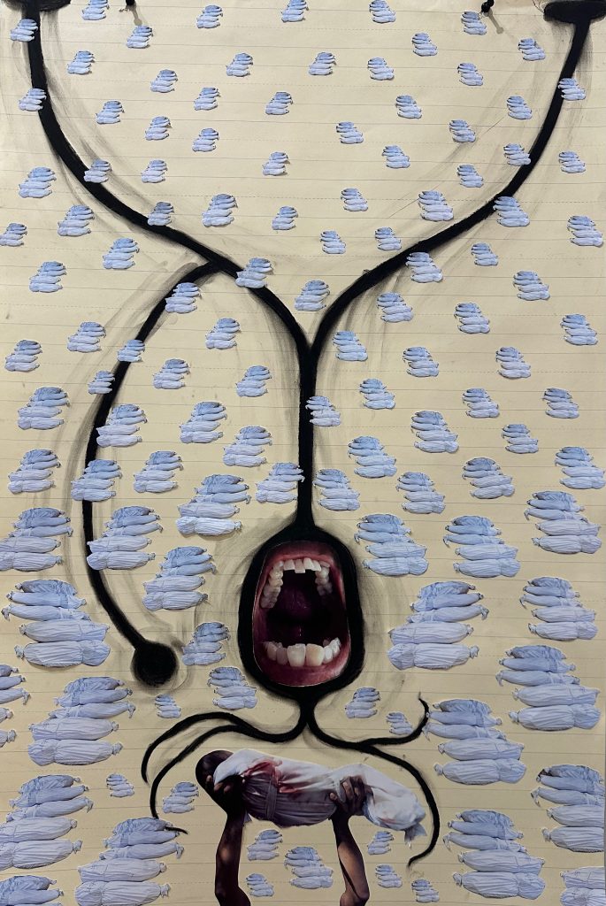 Untitled (Grief), charcoal, collage on lined paper, 2024, 36″ x 24″ Collaged on lightly lined paper are small to increasingly larger white shapes like clouds. On closer inspection, the shapes are swaddled bodies in white cloth. Falling upside down is a screaming bipolar neuron. Two brown arms reach up and holds a swaddled baby in white cloth with blood seeping through.