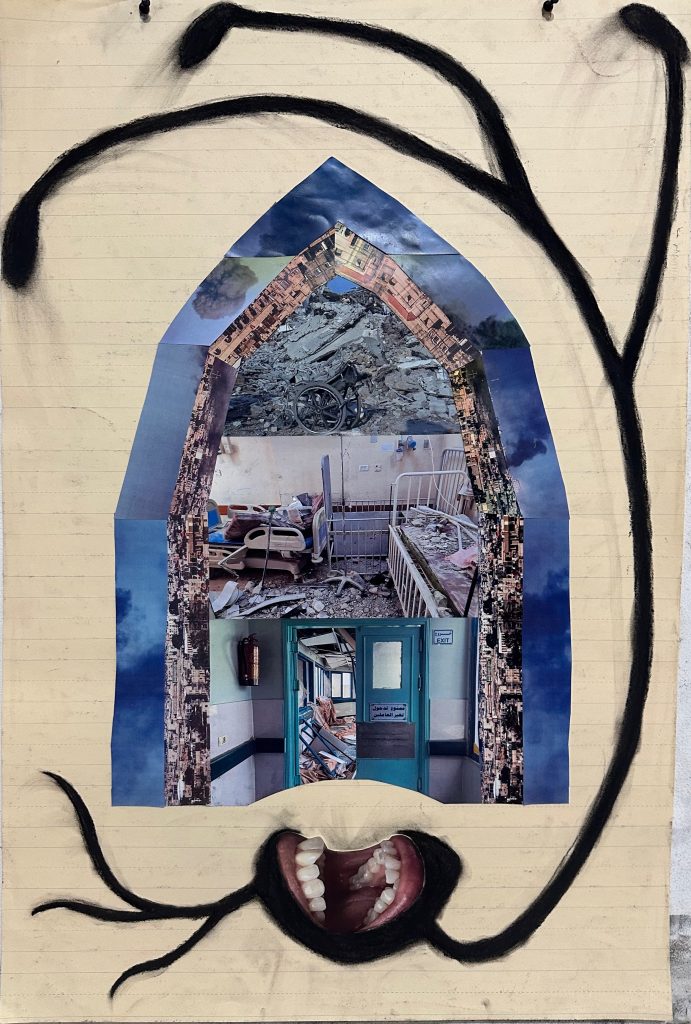 Untitled (Healthcare Workers), charcoal, collage on lined paper, 2024, 36″ x 24″ In the shape of a mosque arch is a mosaic like photo collage of the remains of a bombed hospitals in Gaza that includes a wheelchair, hospital beds and doors that open to more rubble. This image is framed with a thin border of buildings prior to bombing.